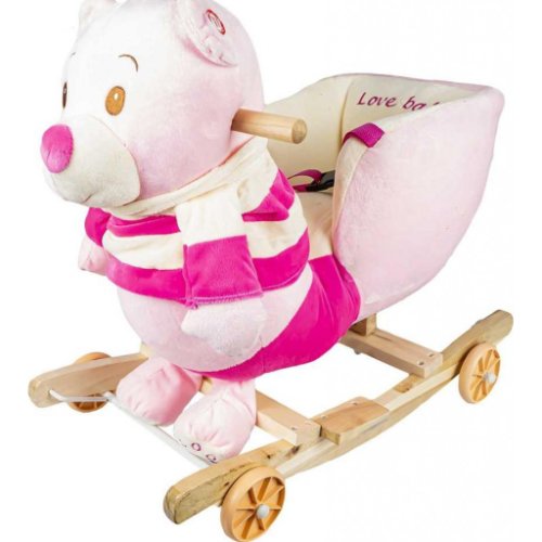 Balansoar pentru bebelusi, ursulet, lemn + plus, cu rotile, roz, 55 cm