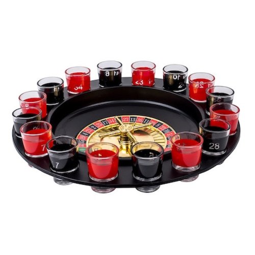 Joc ruleta cu shot-uri, diametru de 30cm, cu 16 pahare din sticla culoare rosu si negru si 2 bile din metal