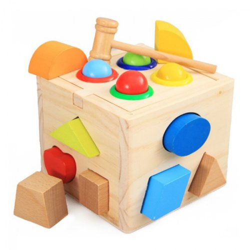 Jucarie interactiva din lemn karemi, cu ciocanel, bile, forme geometrice multicolore