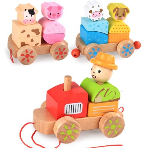 Trenulet din lemn de tras cu animale ferma si forme geometrice karemi, multicolora