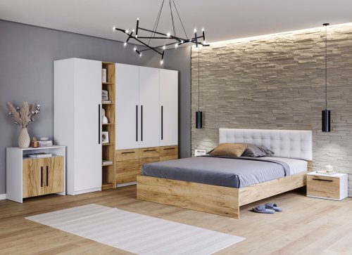 Set mobilier dormitor complet timber tapiterie alba - configuratia 7
