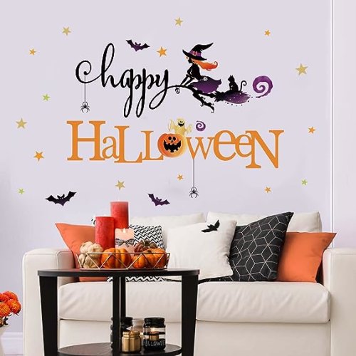 Autocolante de perete, happy halloween, 5 tipuri de autocolante (mesajul happy, mesajul halloween, stelute, lilieci si efecte)