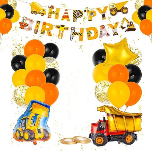 Set baloane pentru aniversare copii tematica constructii, banner din baloane cu camioane, 30 de piese