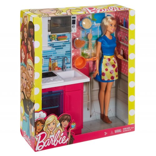 Barbie set bucatarie cu accesorii si papusa