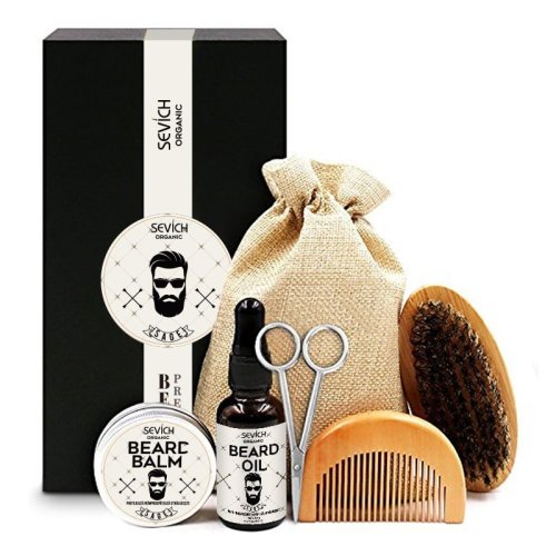Kit premium ingrijire barba si mustata: ulei de barba, balsam, perie, pieptene, foarfeca, sevich