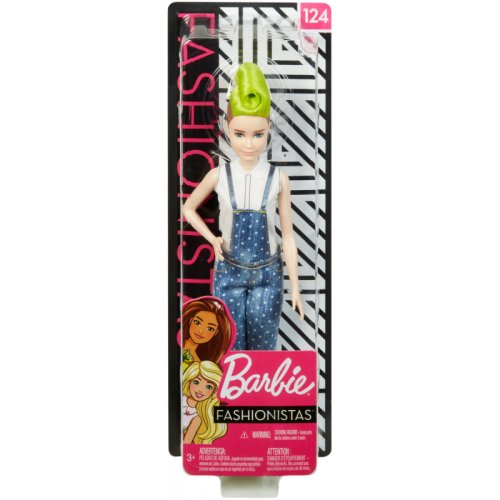 Papusa barbie fashionistas cu salopeta si o coafura verde