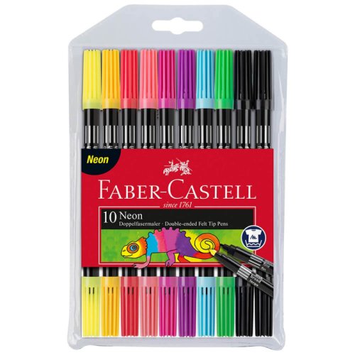 Set 10 carioci neon colorate faber-castell lavabil cu 2 capete de scriere, carioca pentru copii