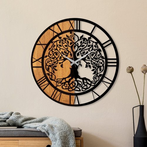 Ceas de perete decorativ din lemn wooden clock , nuc, 56 x 3 x 56 cm