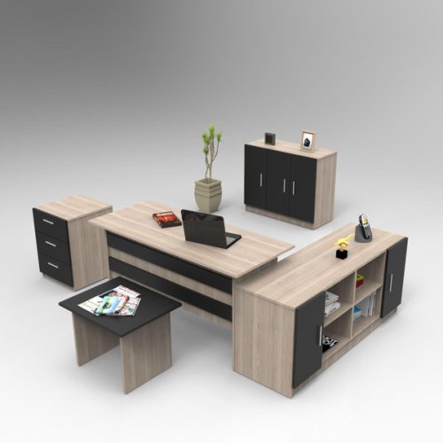 Set de mobilier de birou linta 2, nuc - alb - stejar, 5 piese, birou - biblioteca - consola - masa - rollbox