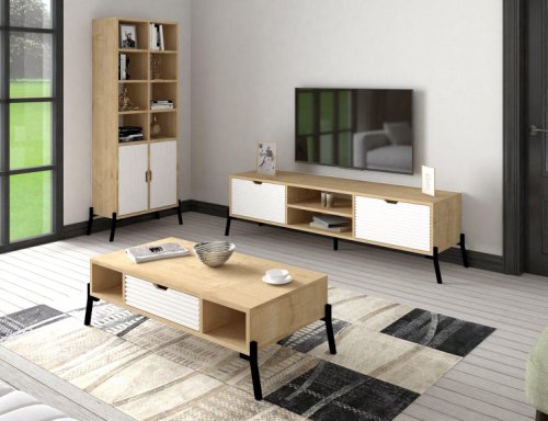 Set mobila sufragerie siena, stejar, 3 piese, comoda tv - biblioteca - masuta de cafea