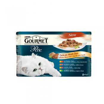 Purina gourmet perle, 4 arome (pui și vită, curcan și miel, vițel și rață, iepure și vânat), pachet mixt, plic hrană umedă pisici, (în sos), 85g x 4