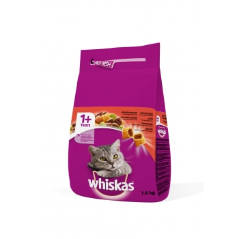 Whiskas adult, vită, hrană uscată pisici, 1.4kg