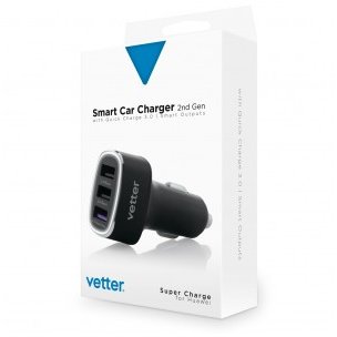Vetter Smart car charger 2nd gen | qc 3.0 and super charge | smart outputs | 3 x usb | black