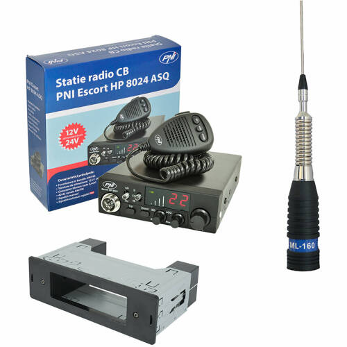Statie radio kit statie radio cb Pni escort hp 8024 asq 12/24v + carcasa 1din + antena cb Pni ml160 fara cablu