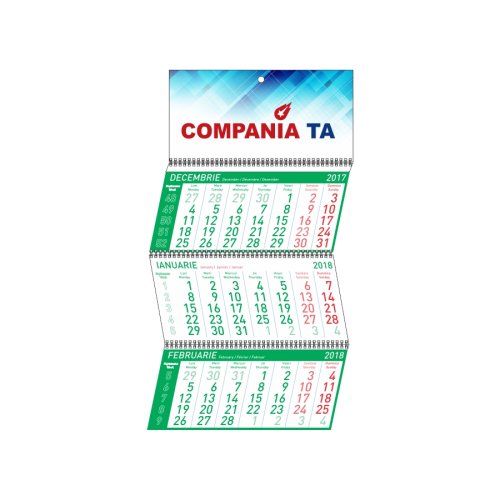 Calendar de perete triptic standard pliabil, verde, personalizat