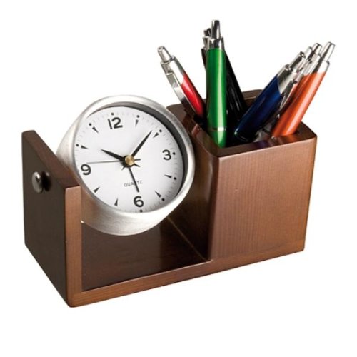Ceas de birou aluminiu + suport instrumente de scris din lemn, 17x7.3x8.2 cm