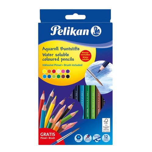 Creioane color solubile in apa hexagonale cu pensula, 12 culori, pelikan
