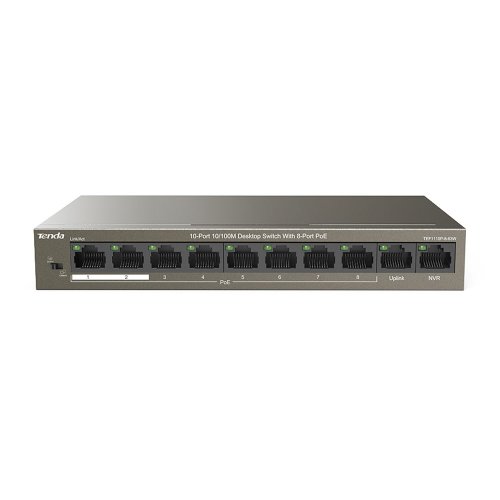 Switch cu 10 porturi tenda tef1110p-8-63w, 1.6 gbps, 1.48 mpps, 1000 mac, poe, fara management