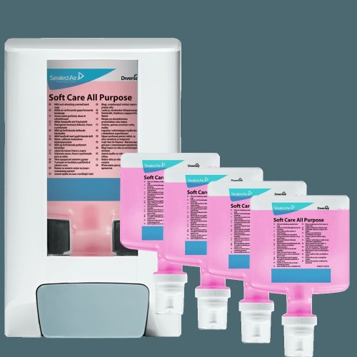 Pachet dispenser + 4x sapun lichid soft care all purpose 1.3l