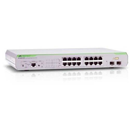 Allied telesis 16 x 10/100/1000mbps port managed switch with 2 sfp uplink slots, fixed ac power supply, rj45 conso