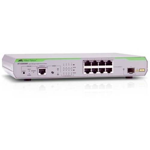 Allied telesis Allied telesis 8 x 10/100/1000mbps port managed switch with 1 sfp uplink slot, fixed ac power supply, rj45 console