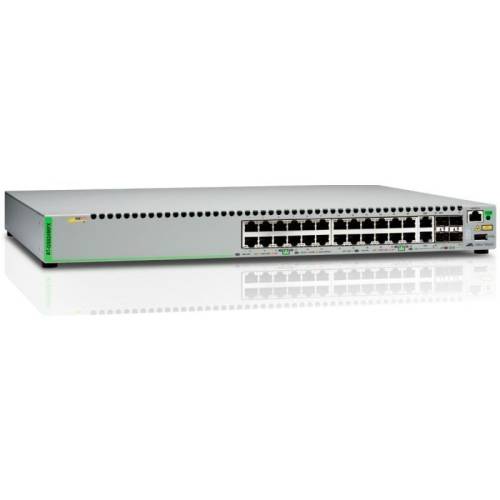 Allied telesis gigabit ethernet managed switch with 24 10/100/1000t poe ports, 2 sfp/copper combo ports, 2 sfp/sfp