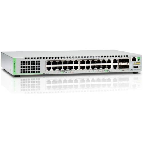Allied telesis gigabit ethernet managed switch with 24 ports 10/100/1000t mbps, 2 sfp/copper combo ports, 2 sfp/sfp