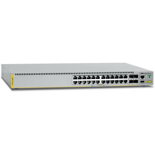 Allied telesis l2+ managed switch, 24 x 10/100/1000mbps, 4 x sfp uplink slots, 1 fixed ac power supply eu power cor