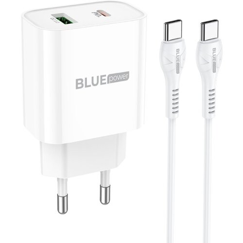 Blue power incarcator retea cu cablu usb-c blue power bcc80a, 20w, 3a, 1 x usb-a - 1 x usb-c, alb