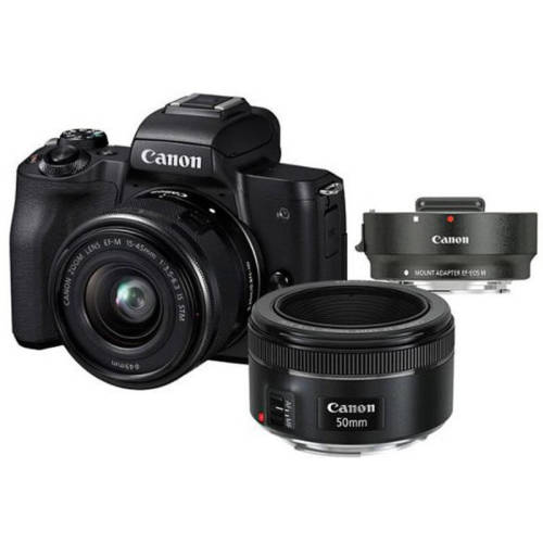 Canon kit aparat foto canon eos m50 (cu un obiectiv 15-45mm is stm + 50mm stm), negru + adaptor canon ef-eos m