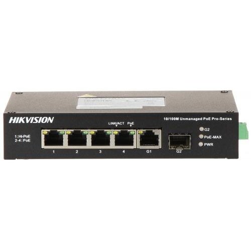 Hikvision switch cu 4 porturi hikvision ds-3t0306hp-e/hs, 1 port hi-poe, 1 port gigabit sfp, 4.8 gbps, 3.5712 mpps, 2.000 mac, fara management
