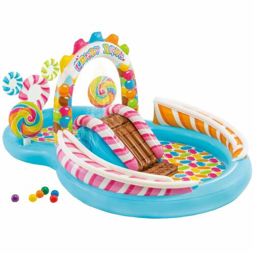 Intex centru de joaca piscina gonflabila intex pentru copii, candy zone cu tobogan si 6 mingi