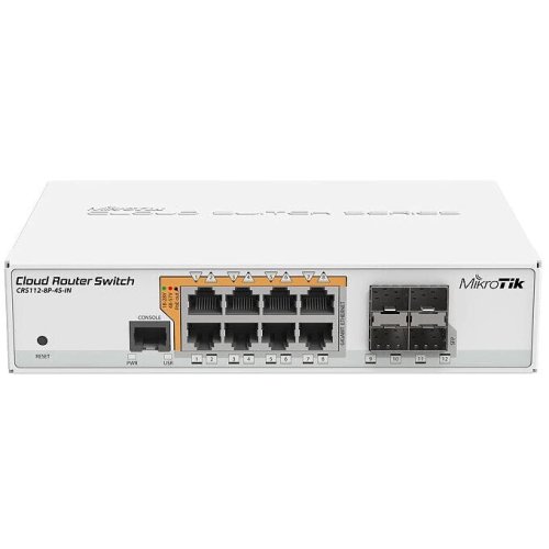 Mikrotik switch 8 porturi mikrotik crs112-8p-4s-in, 8 x porturi ethernet gigabit, 10/100 / 1000mbps, 4 x sfp