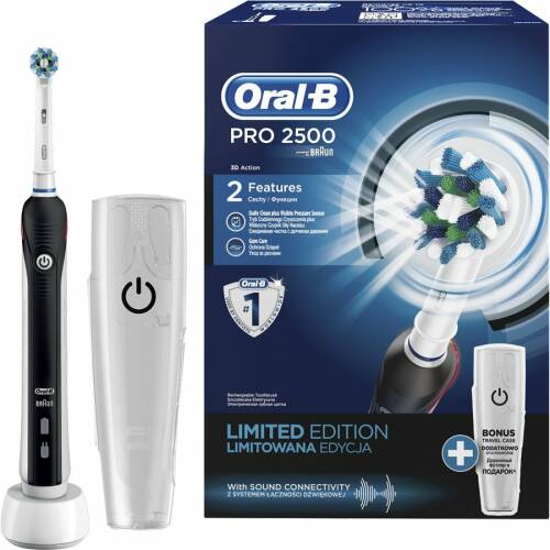 Oral-b periuta de dinti electrica oral-b pro 2500 cross action + travel case, reincarcabila, curatare 3d, 2 programe, 1 capat, negru, suport de calatorie inclus