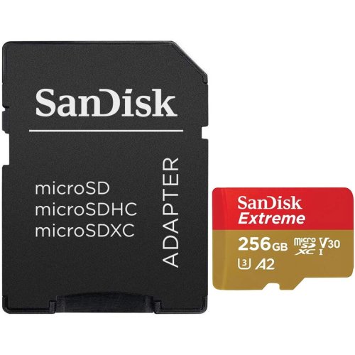 Sandisk card de memorie sandisk extreme microsdxc 256gb,pana la 190mb/s & 130mb/s read/write speeds a2 c10 v30 uhs-i u3 + sd adapter
