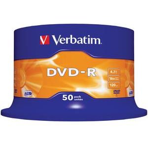 Verbatim blank dvd-r verbatim sl 16x 4.7gb 50pk spindle wide inkjet printable no id 43533