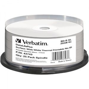 Verbatim Bd-r single layer 6x 25gb wide thermal printable surface spindle 25 pcs
