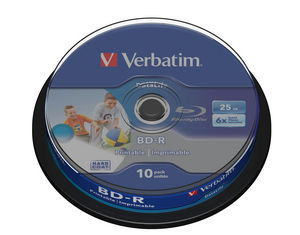 Verbatim Bd-r sl datalife 25gb 6x wide inkjet printable spindle 10