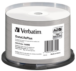 Verbatim Cd-r 52x datalifeplus wide inkjet printable spindle 50
