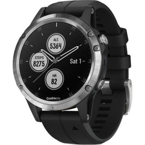 Ceas smartwatch garmin fenix 5 plus, hr, gps, silver, silicone black