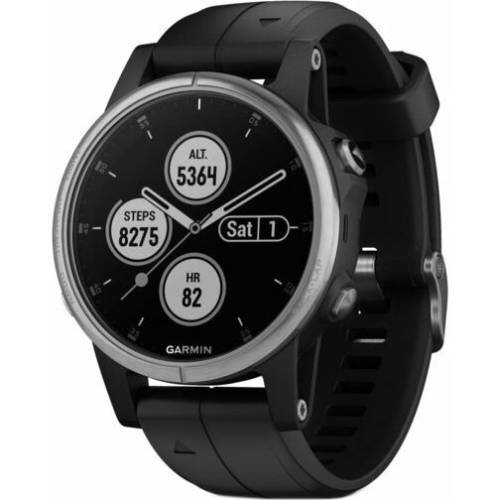 Ceas smartwatch garmin fenix 5s plus, hr, gps, arginitu, silicone black