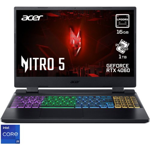 Laptop gaming acer nitro 5 an515-58 cu procesor intel® core™ i9-12900h pana la 5.0 ghz, 15.6, full hd, ips, 165hz, 16gb ddr5, 1tb ssd, nvidia® geforce rtx™ 4060 8gb, no os, black