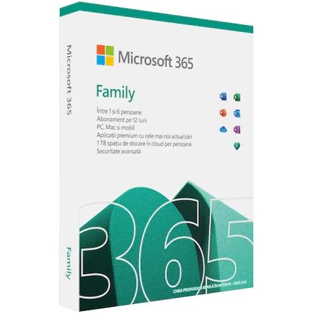 Office m365 family, romana, subscriptie 1 an, 6 utilizatori, retail (medialess)