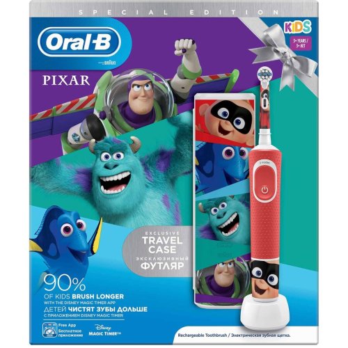 Periuta de dinti electrica oral-b vitality pixar pentru copii 7600 oscilatii/min, curatare 2d, 2 programe, 1 capat, 4 stickere incluse, trusa de calatorie, rosu