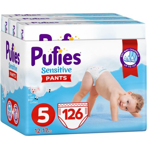 Scutece-chilotel pufies pants sensitive junior, marimea 5, 12-17 kg, 126 buc