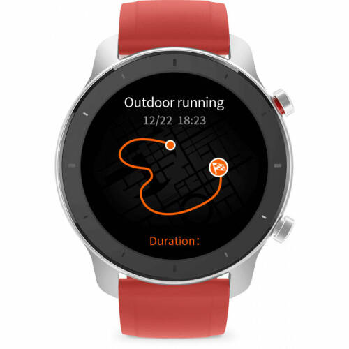 Smartwatch xiaomi amazfit gtr 42mm, aluminiu argintiu, curea coral red, bluetooth, gps si senzor ppg