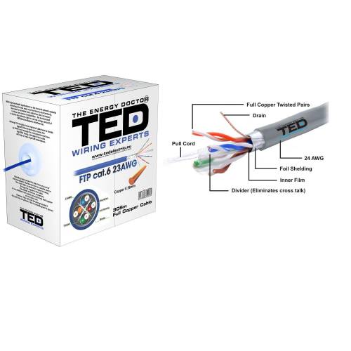 Cablu FTP CAT6 cupru Ted albastru / 305ML