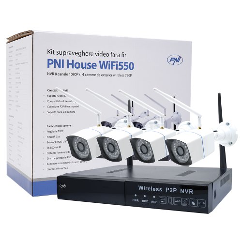 Kit supraveghere video pni house wifi550 nvr 1080p si 4 camere wireless de exterior 720p, p2p, ip66