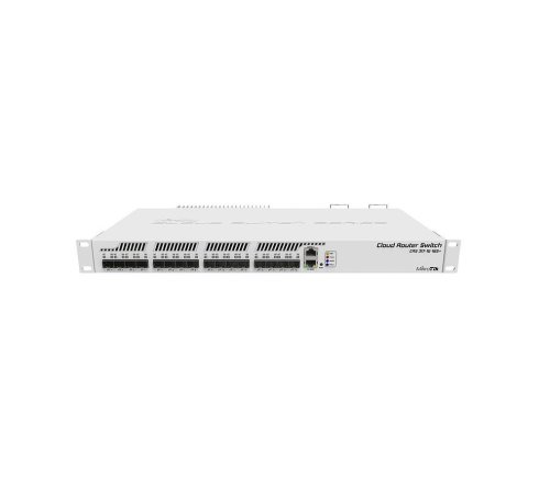 Mikrotik cloud router switch, crs317-1g-16s+rm; 1 x gigabit lan, 16 xsfp+ cages, dual core 800mhz cpu, 1gb ram, 1u rackmount passive coolingcase, dual power supplies;