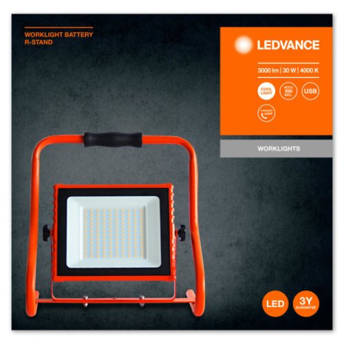 Proiector led portabil (lampa de lucru) ledvance worklight battery r- stand, 30w, 5v, 3000 lm, lumina neutra (4000k), ip44 ik05, baterie reincarcabila prin cablu usb -8h, autonomie 4h, orange